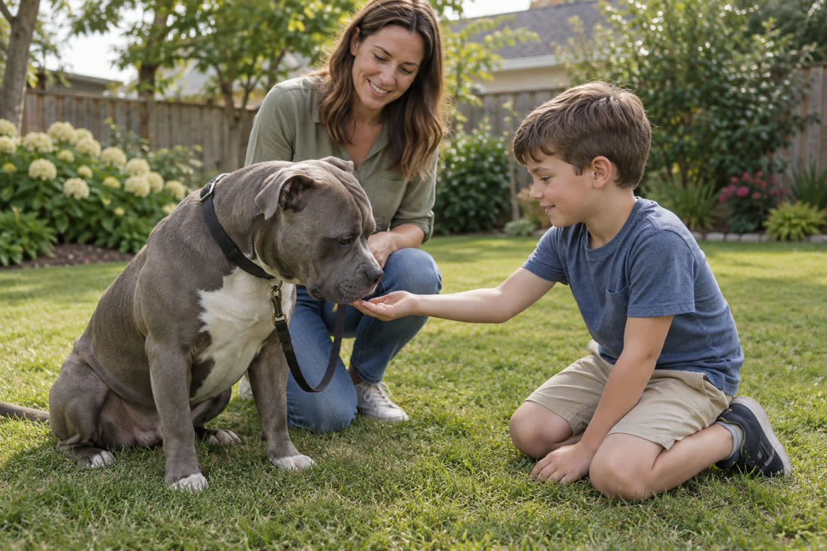Adult supervising a child greeting a calm American Bully