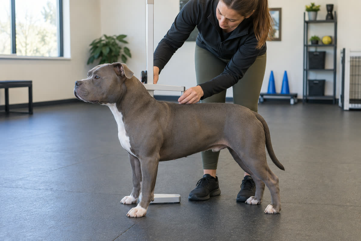 Young American Bully being measured at the withers