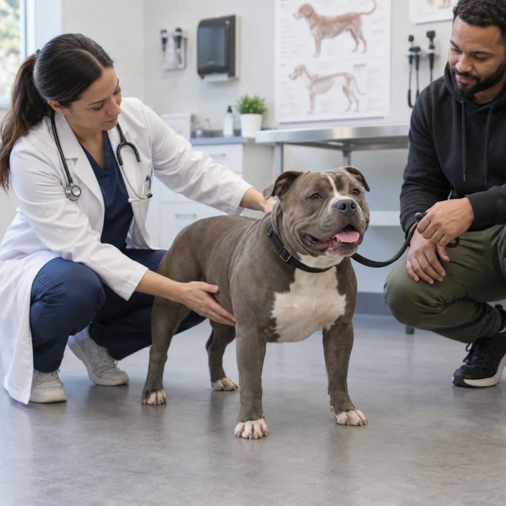 Veterinarian examining a calm American Bully with its owner