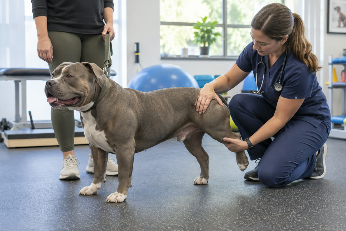 Veterinarian checking an American Bully's hip and knee movement