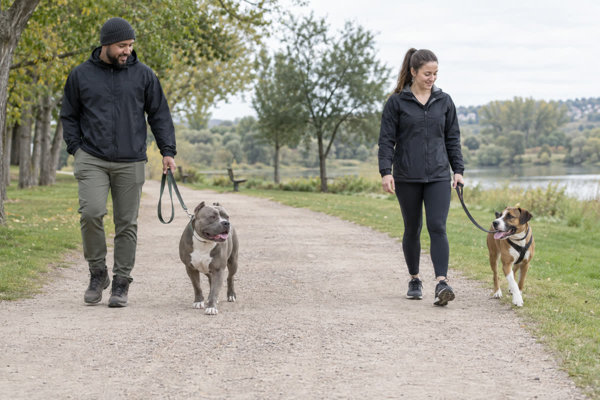 American Bully and another dog taking a calm parallel walk