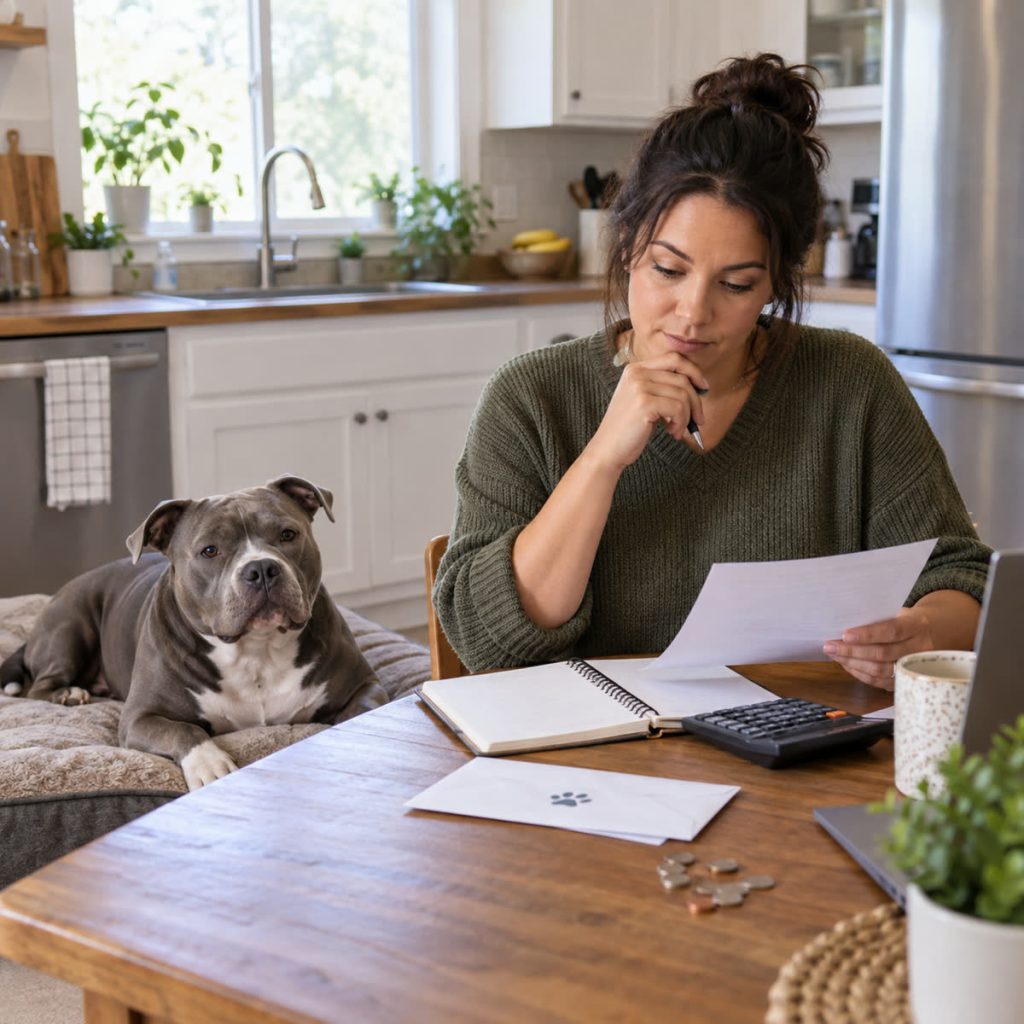American Bully owner planning dog expenses at a kitchen table