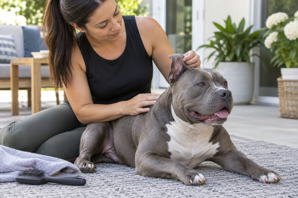 Owner checking an American Bully's outer ear and coat