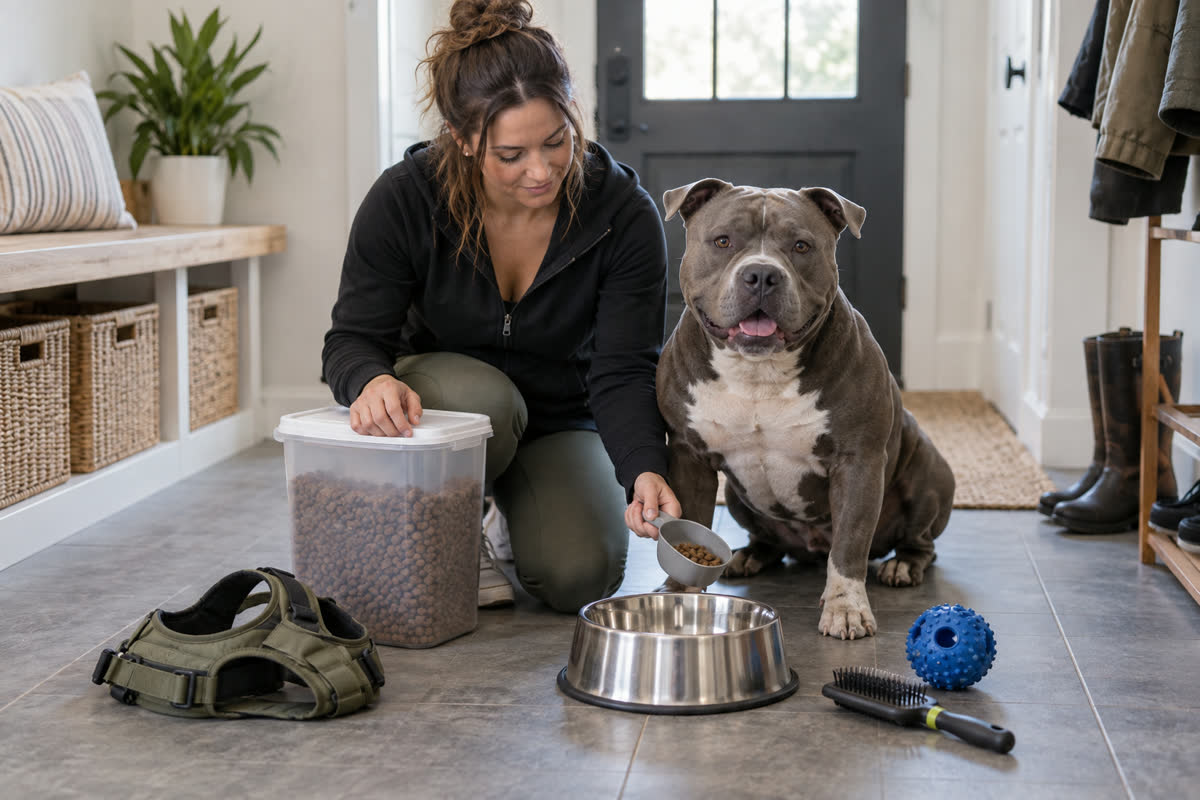 Owner arranging food, harness and grooming supplies for an American Bully