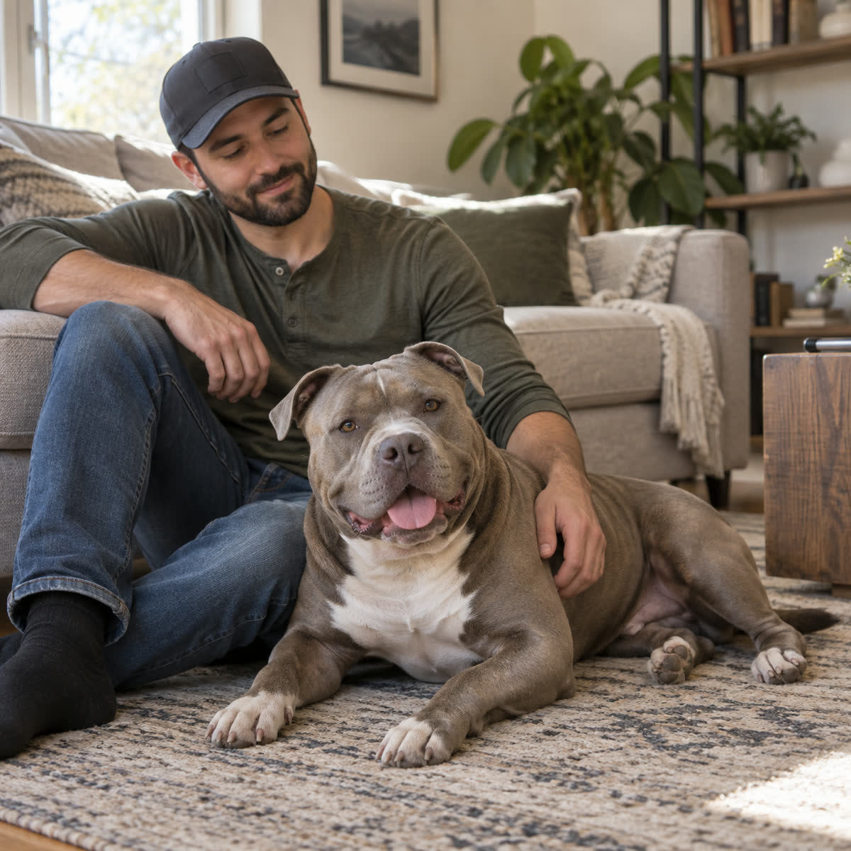 Relaxed American Bully resting beside its owner at home