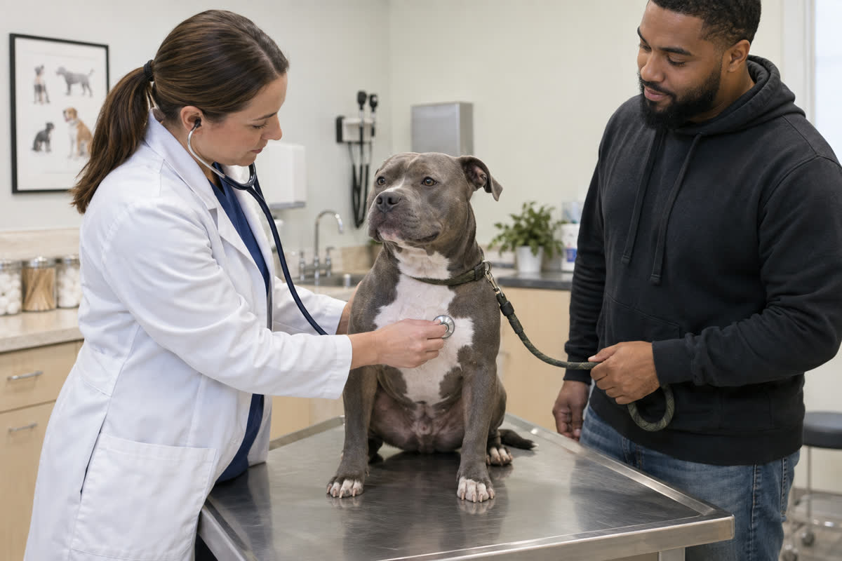 American Bully receiving a routine veterinary wellness examination