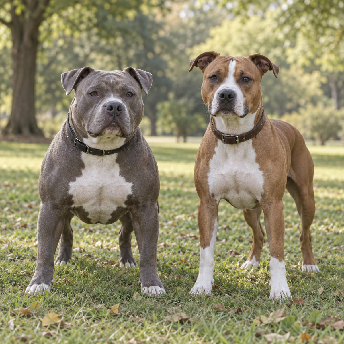 American Bully and American Staffordshire Terrier standing side by side