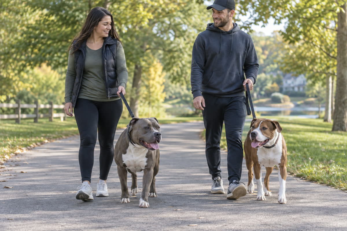 Owners walking an American Bully and AmStaff together in a park