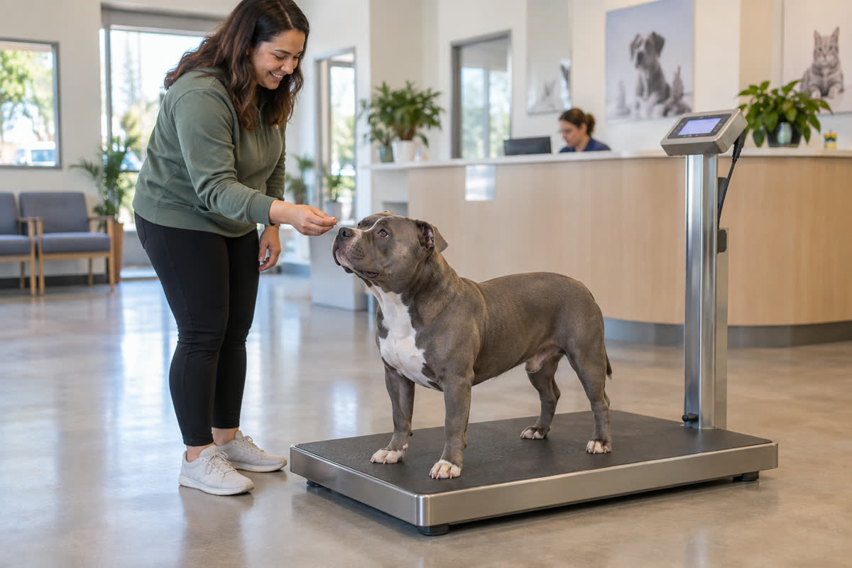 Adolescent American Bully standing on a veterinary floor scale