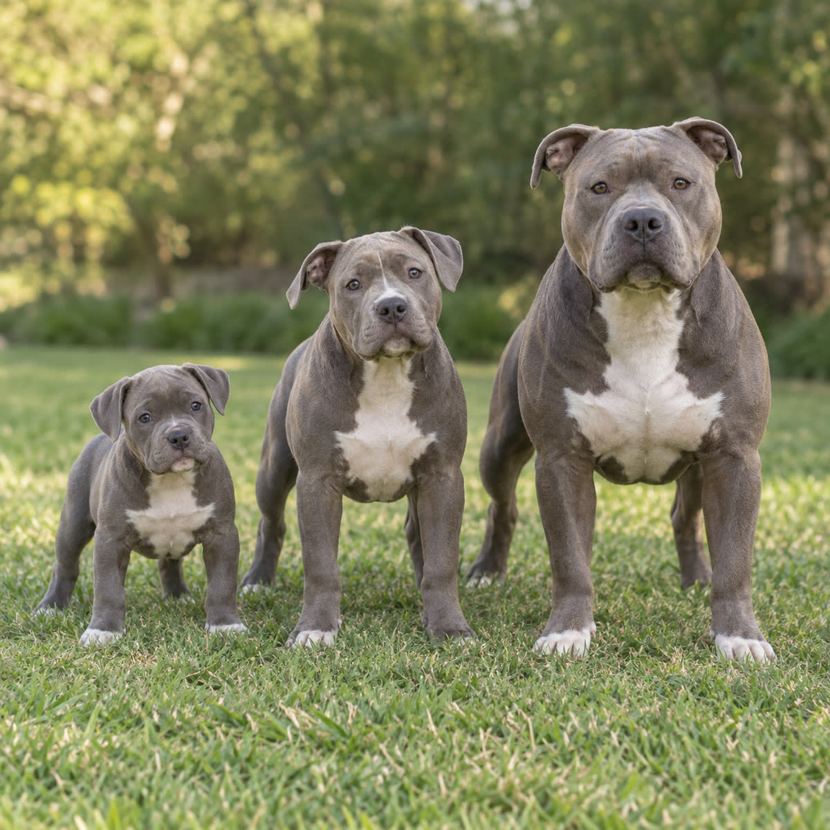 American Bully puppy, adolescent and adult showing growth stages