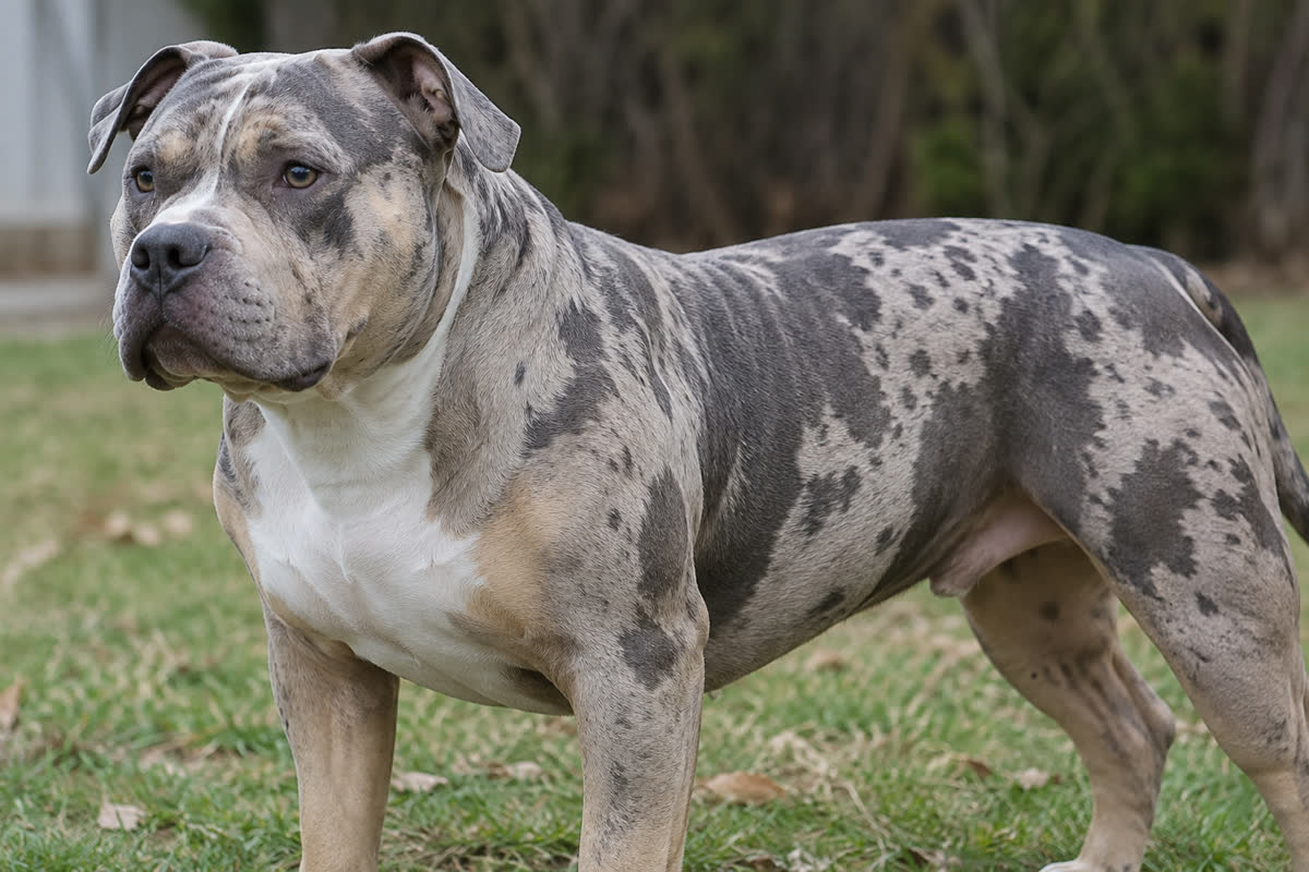 Merle coat pattern across an American Bully's shoulder and flank