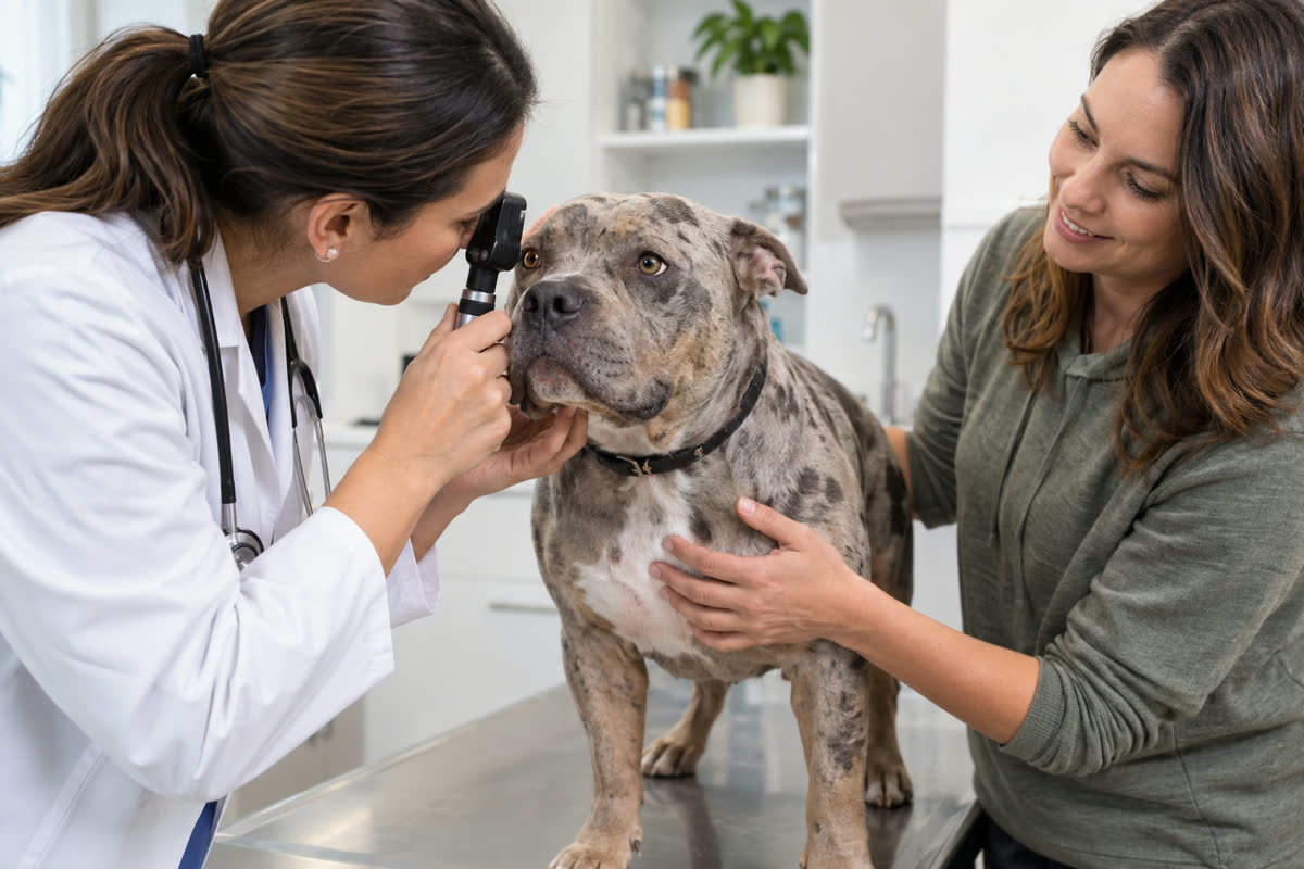 Veterinarian checking a merle American Bully's eye during a wellness exam