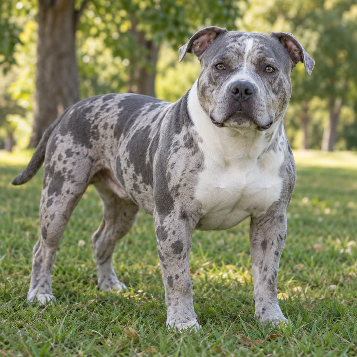 Blue merle American Bully standing outdoors