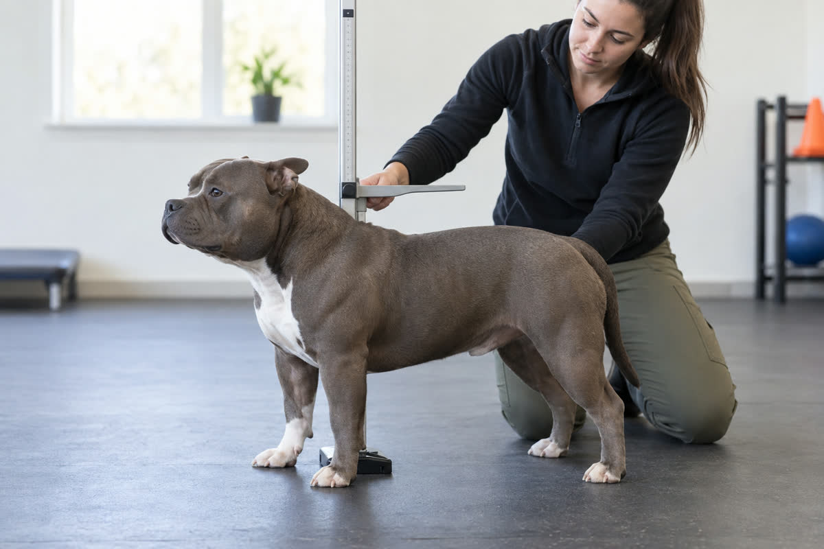 Compact American Bully being measured at the withers