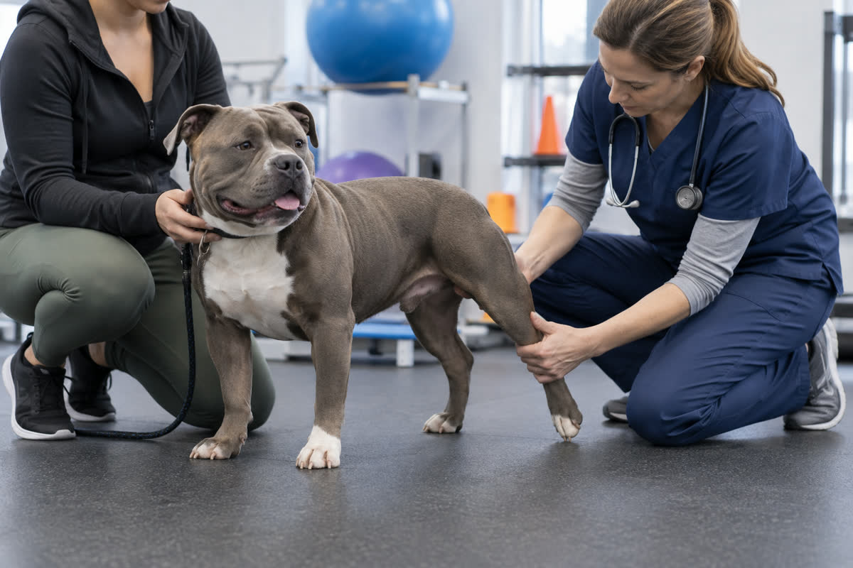 Veterinarian examining a compact American Bully's rear leg