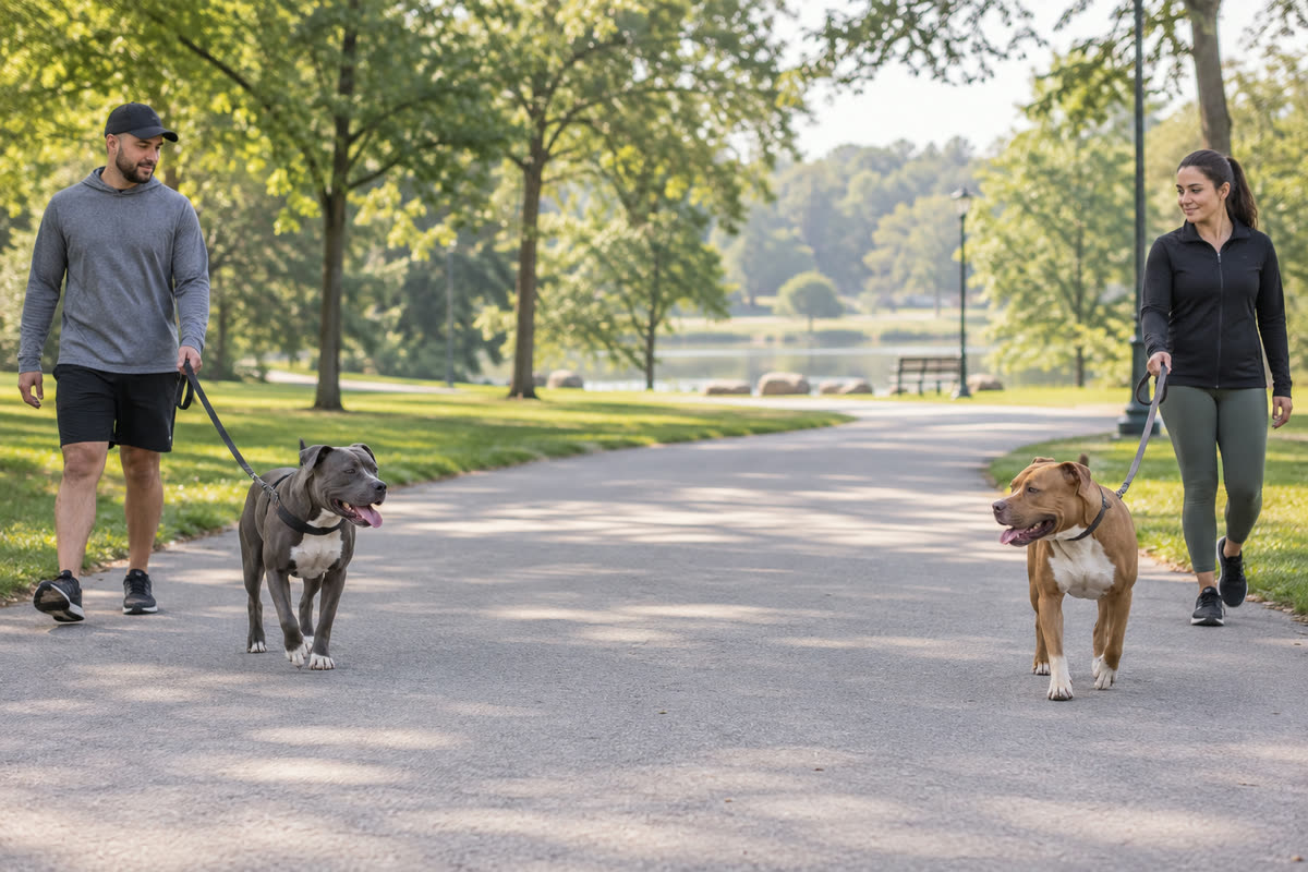 Two handlers introduce pit bull-type dogs on neutral ground during a parallel walk
