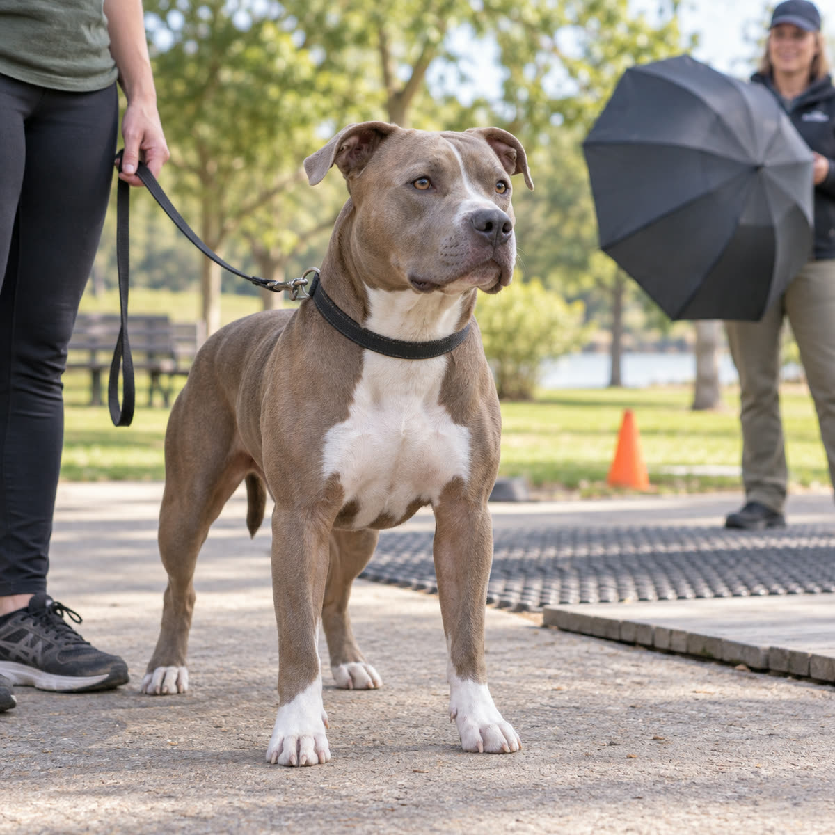 Calm American Pit Bull Terrier during an outdoor temperament assessment