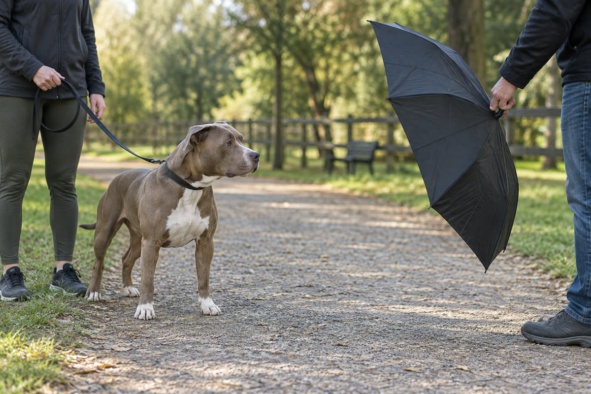 Handler guides a pit bull-type dog through an umbrella stimulus during a temperament test