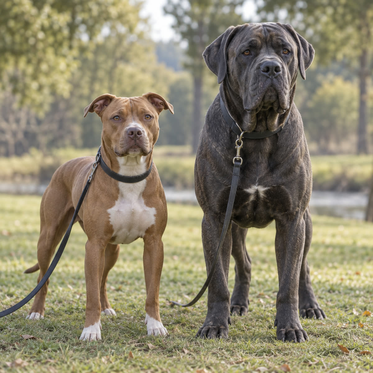 American Pit Bull Terrier and Cane Corso standing calmly side by side