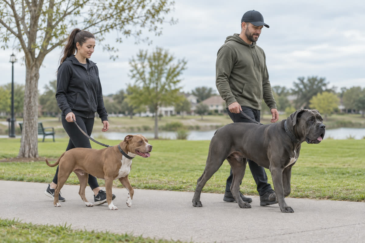 Handlers walking a pit bull and Cane Corso to show their size difference