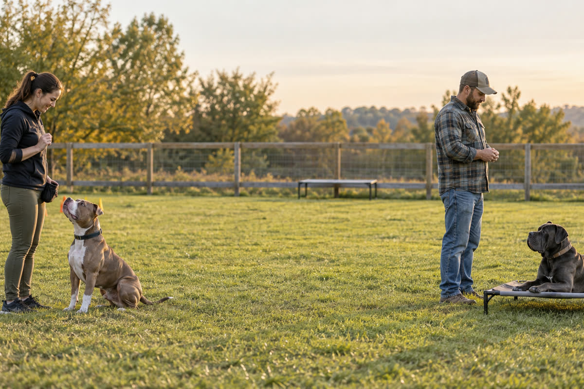Pit bull and Cane Corso practising calm reward-based training