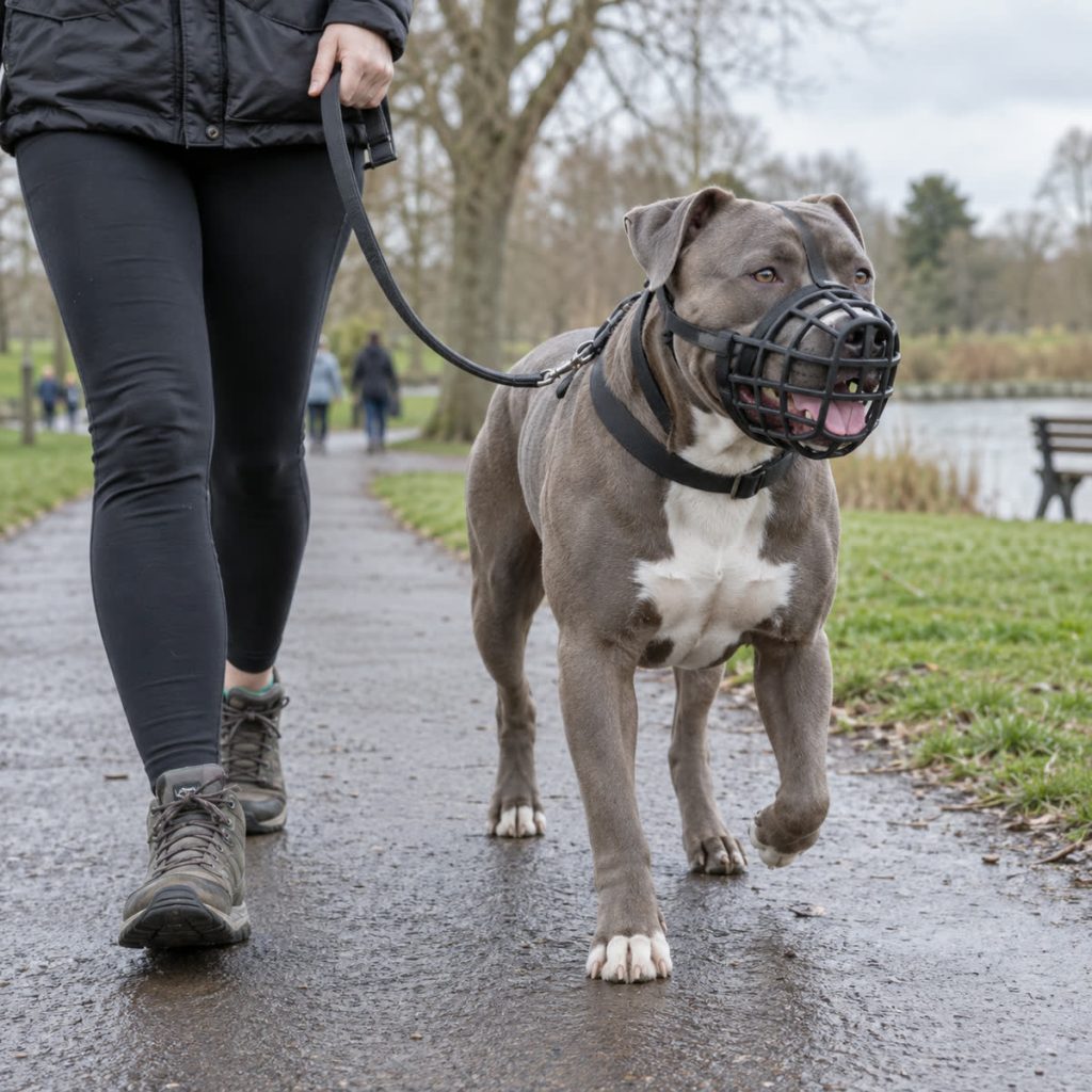 XL Bully walking calmly in public with a basket muzzle and lead