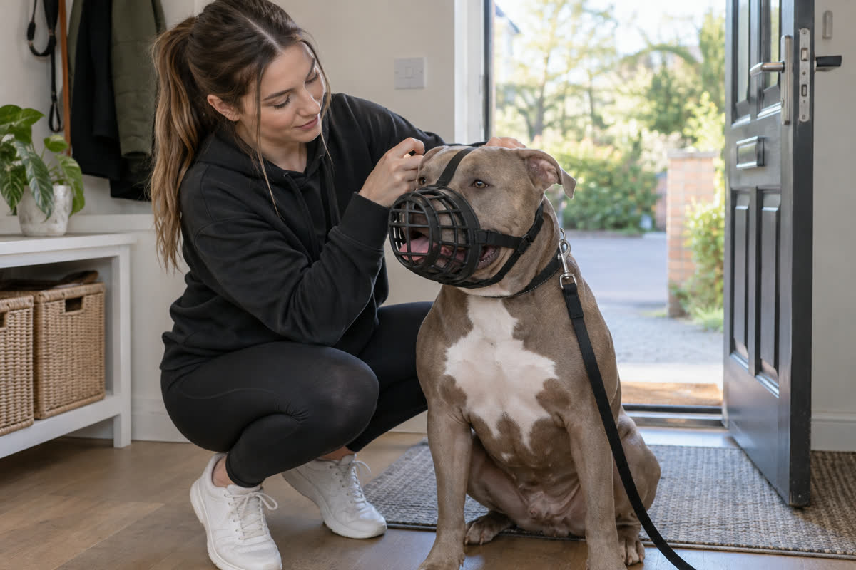 Owner fitting a humane basket muzzle on a calm XL Bully