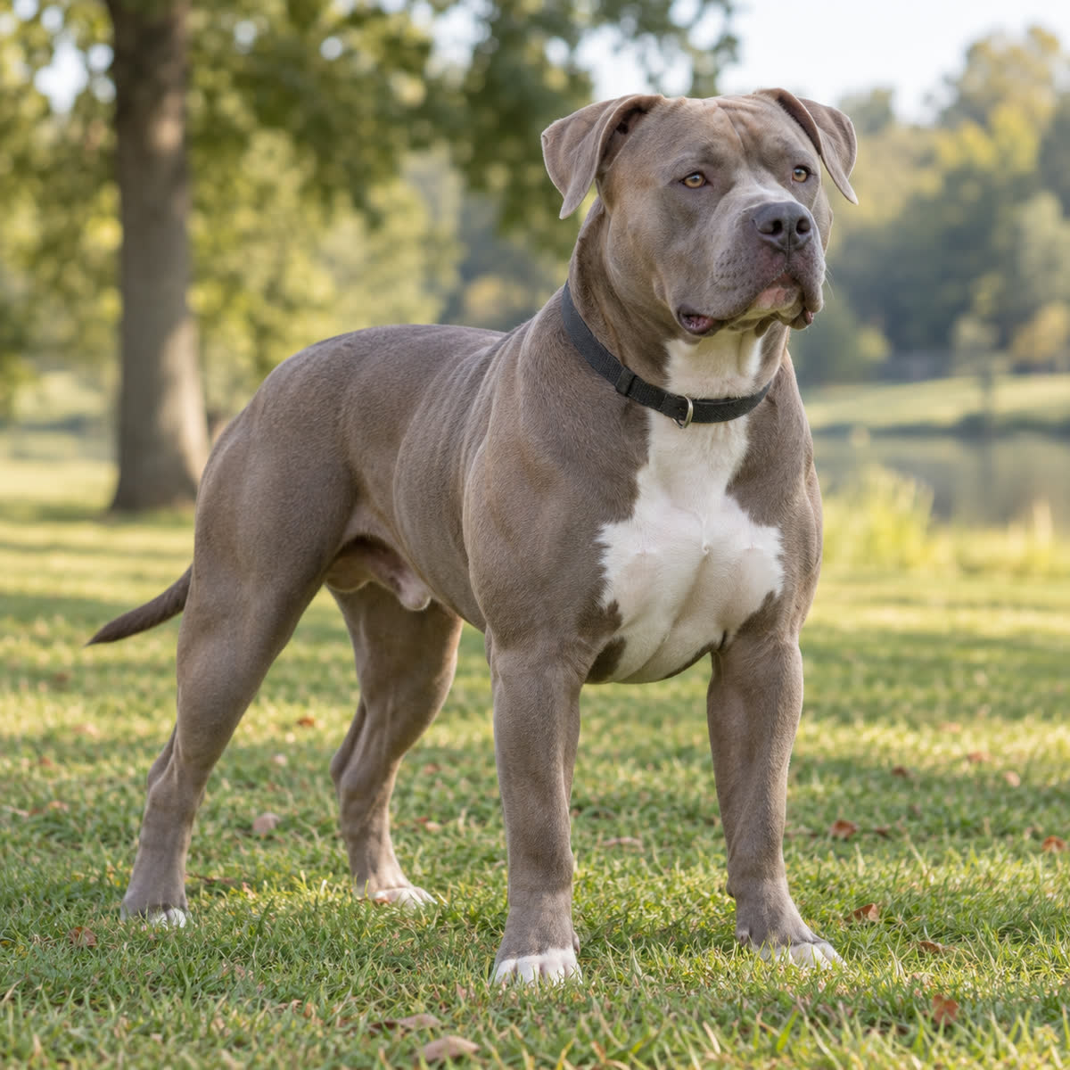 Well-proportioned XL American Bully standing outdoors