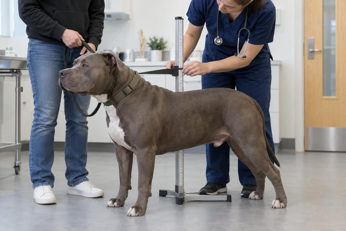 Veterinarian measuring an XL Bully at the withers