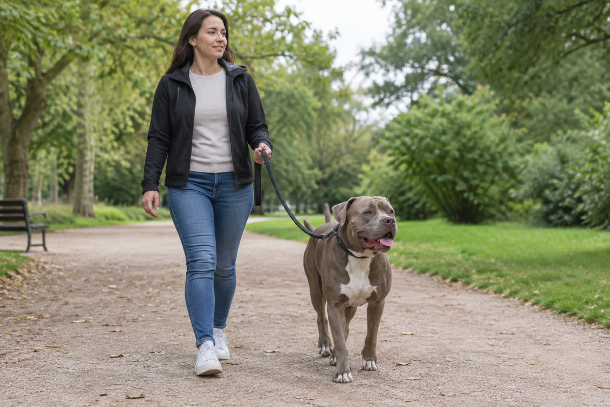 Owner walking a well-conditioned XL Bully on a park trail