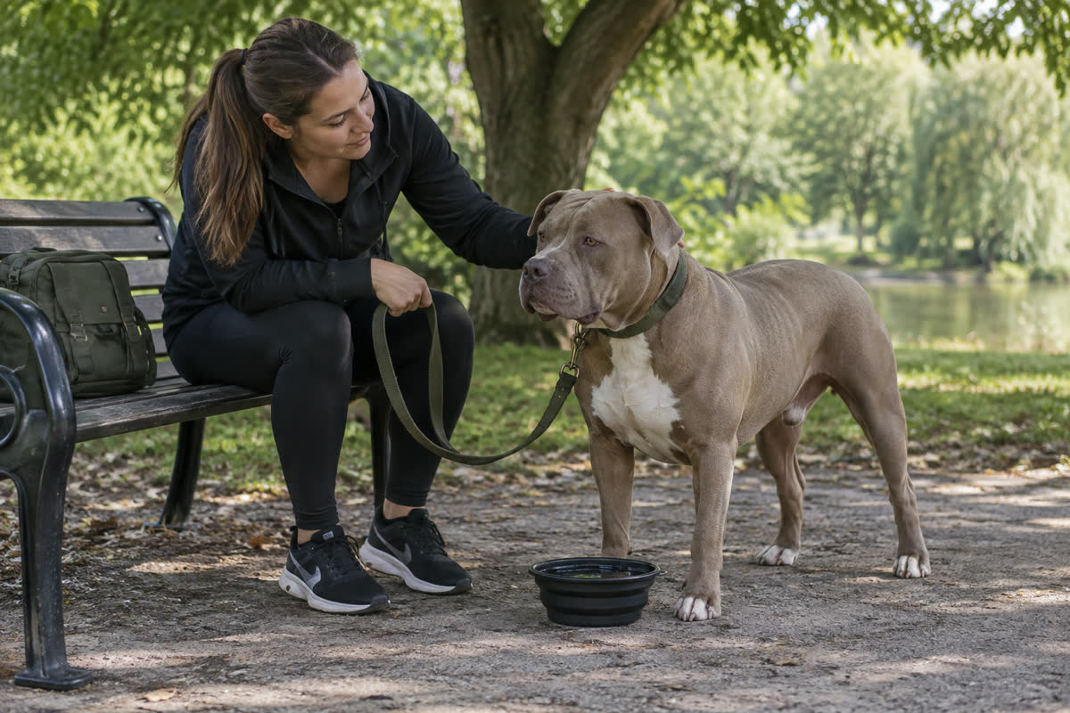 XL Bully taking a controlled water break after a walk